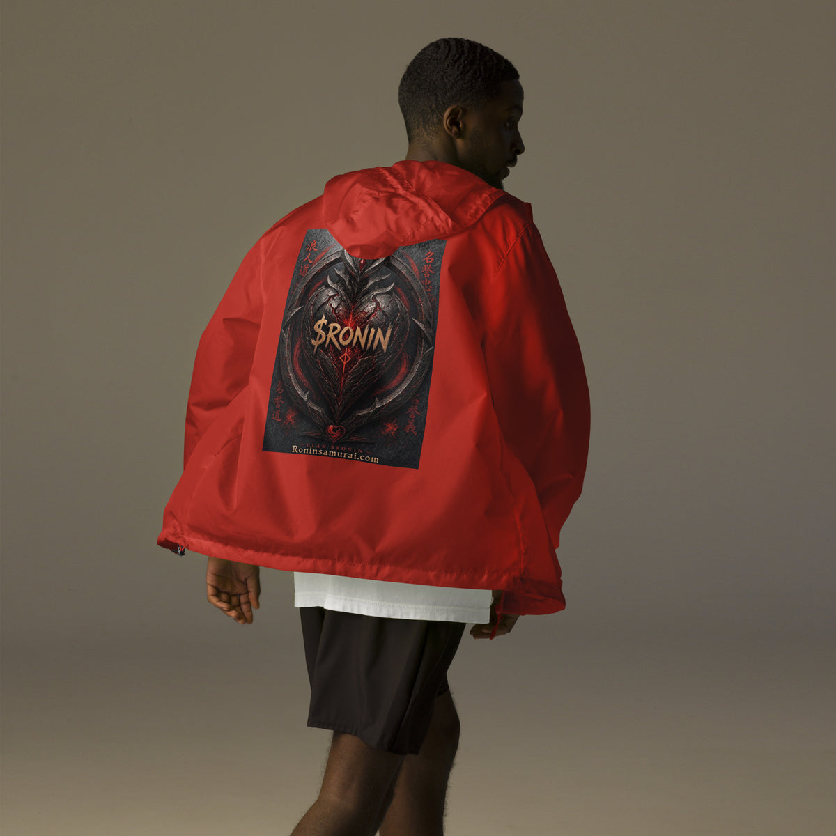 Obsidian Heart Ronin Windbreaker, red back: spiked black armored heart with a glowing red core and $RONIN, red kanji at the sides