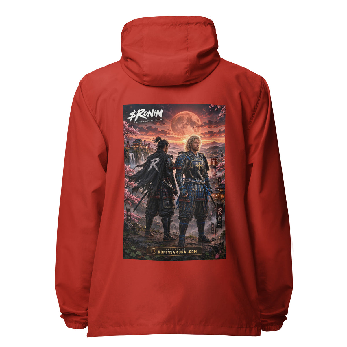 Sworn Brothers Ronin Windbreaker, red back: two warriors, a dark-haired ronin and a golden-haired samurai in blue armor, under a blood-red moon with a white $RONIN