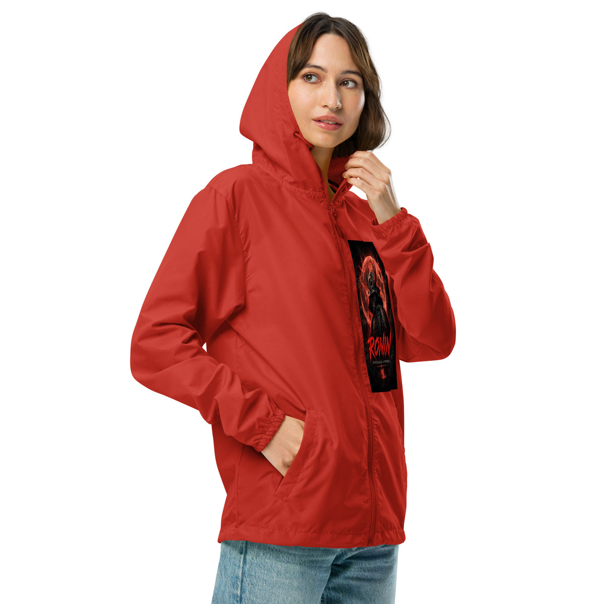 Red Parasol Ronin Windbreaker, red right front: Blood Moon RONIN samurai art on the left chest