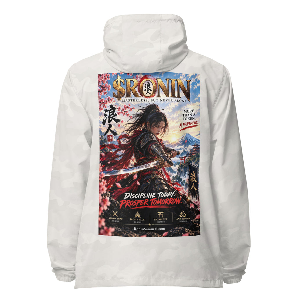 Discipline Today Ronin Windbreaker, white camo back: back print of a female samurai lunging with a katana before Fuji under a gold $RONIN