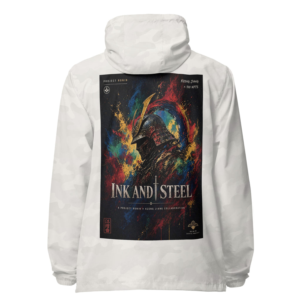 Ink and Steel Samurai Windbreaker, white camo back: back print of a samurai in a gold-crested helmet amid paint splashes, INK AND STEEL