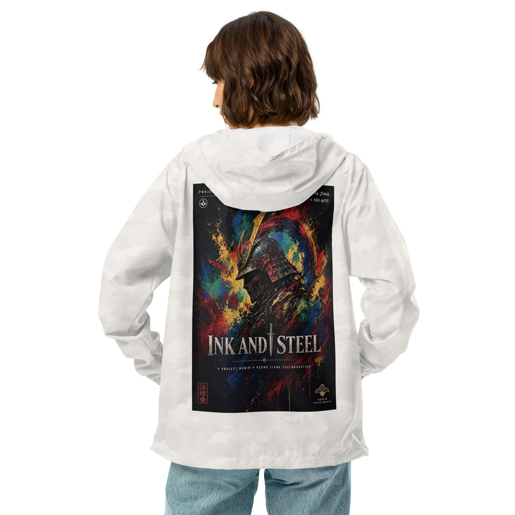 Ink and Steel Samurai Windbreaker, white camo back: back print of a samurai in a gold-crested helmet amid paint splashes, INK AND STEEL