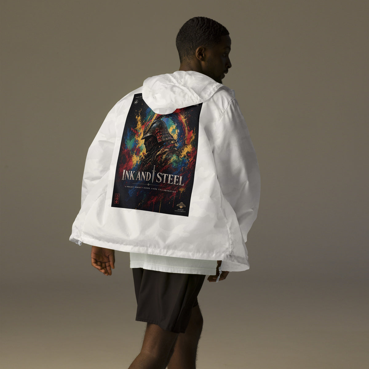 Ink and Steel Samurai Windbreaker, white camo back: back print of a samurai in a gold-crested helmet amid paint splashes, INK AND STEEL