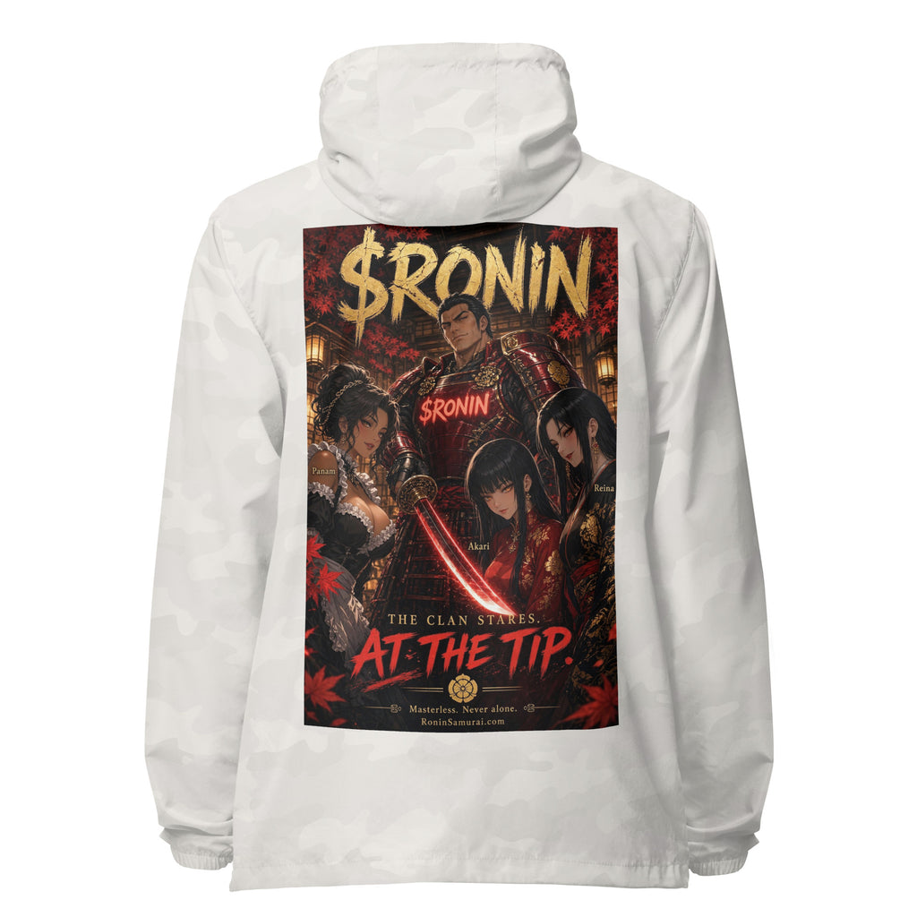 Clan at the Tip Windbreaker, white camo back: back print of a red-armored samurai with three swordswomen, THE CLAN AT THE TIP