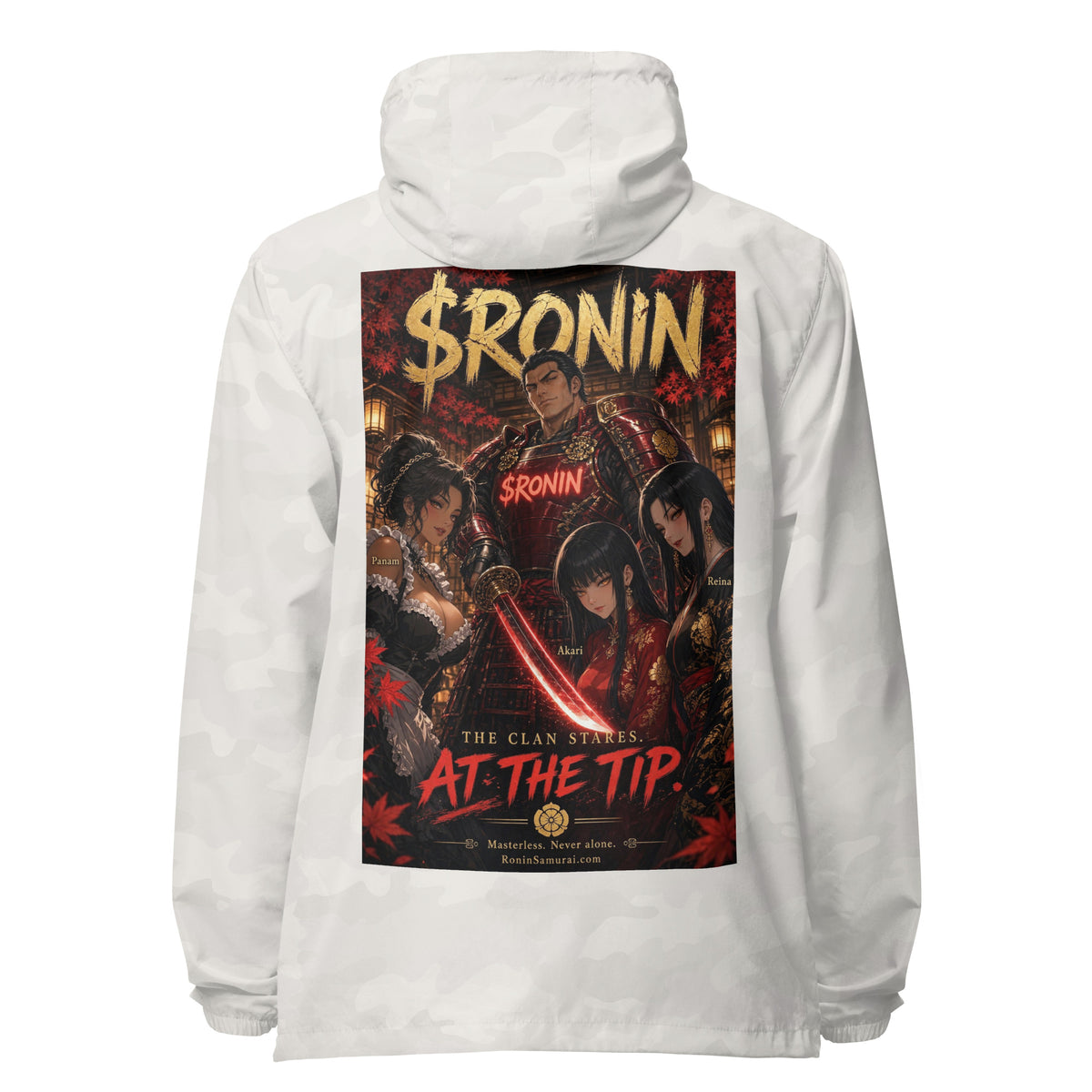 Clan at the Tip Windbreaker, white camo back: back print of a red-armored samurai with three swordswomen, THE CLAN AT THE TIP