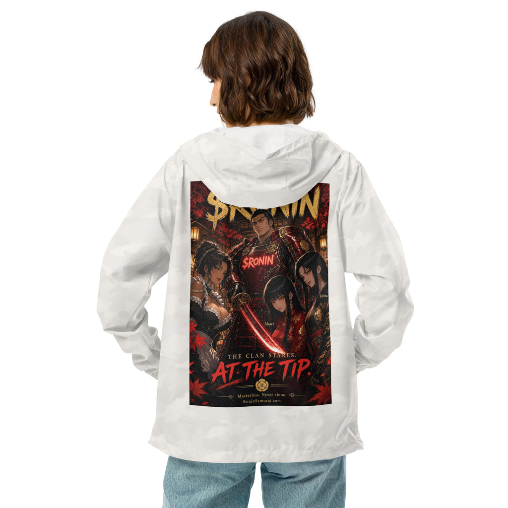 Clan at the Tip Windbreaker, white camo back: back print of a red-armored samurai with three swordswomen, THE CLAN AT THE TIP