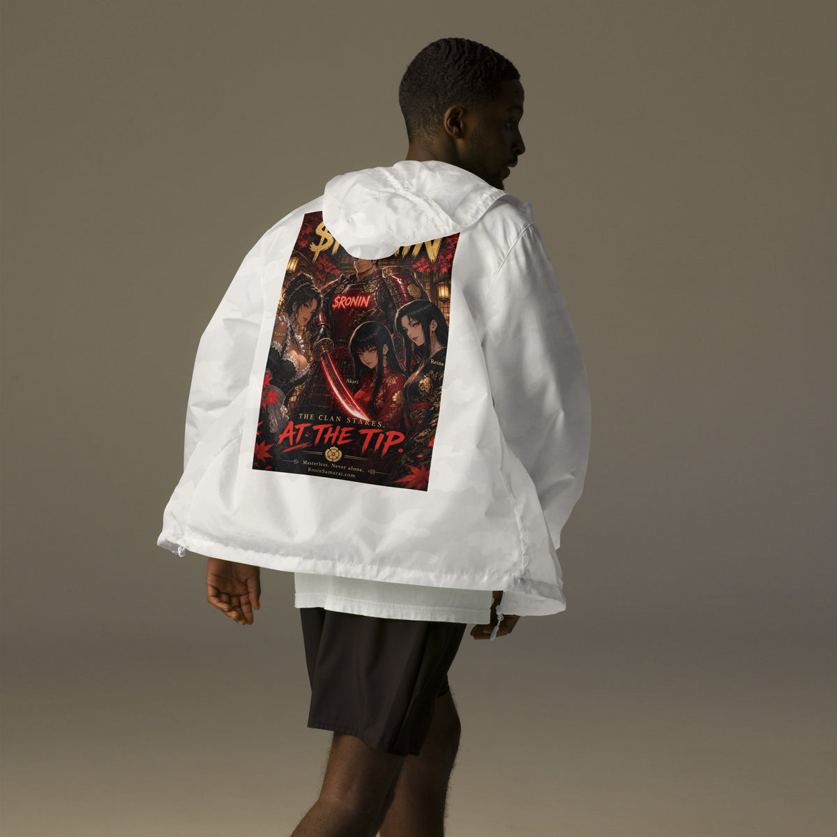 Clan at the Tip Windbreaker, white camo back: back print of a red-armored samurai with three swordswomen, THE CLAN AT THE TIP