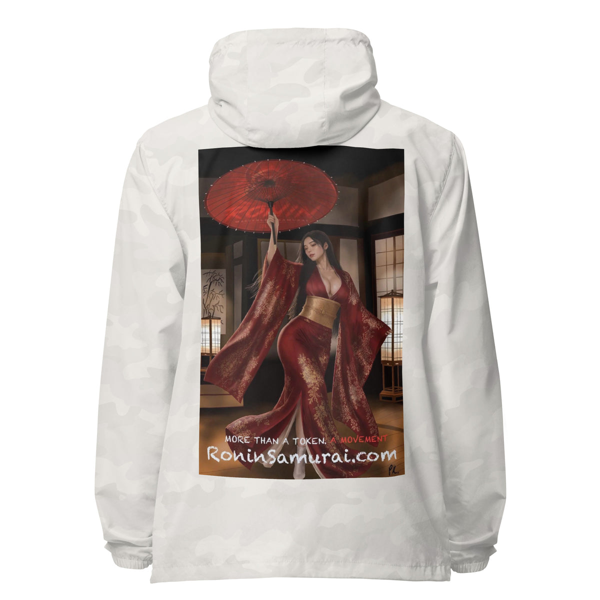 Red Parasol Ronin Windbreaker, white camo back: back print of a woman in a red kimono holding a red parasol in a shoji room