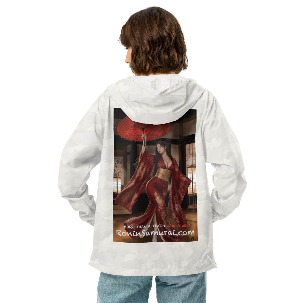 Red Parasol Ronin Windbreaker, white camo back: back print of a woman in a red kimono holding a red parasol in a shoji room