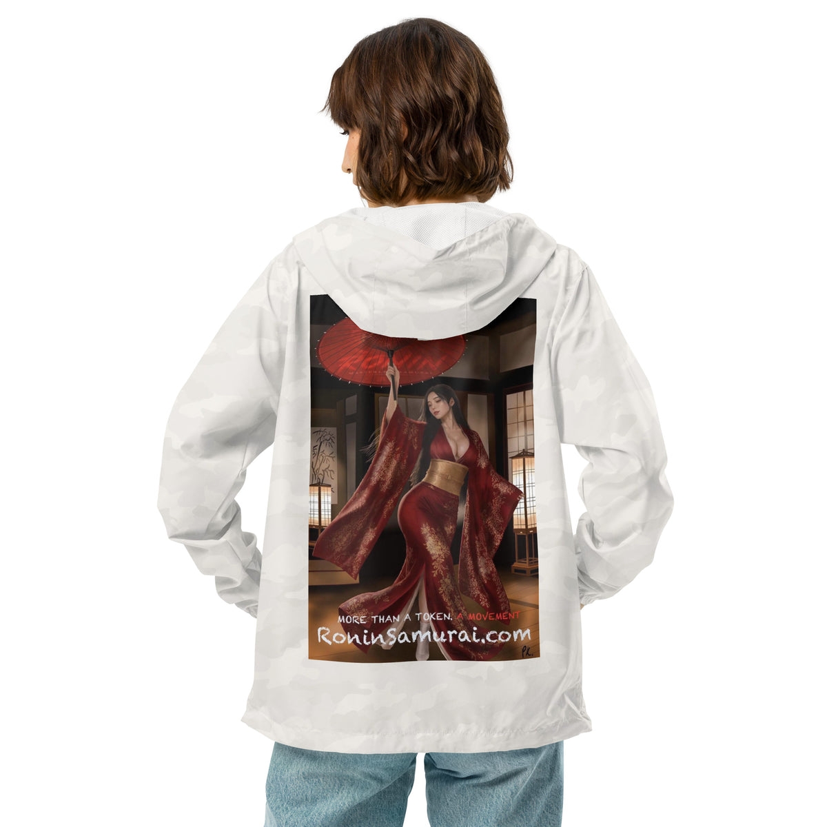 Red Parasol Ronin Windbreaker, white camo back: back print of a woman in a red kimono holding a red parasol in a shoji room