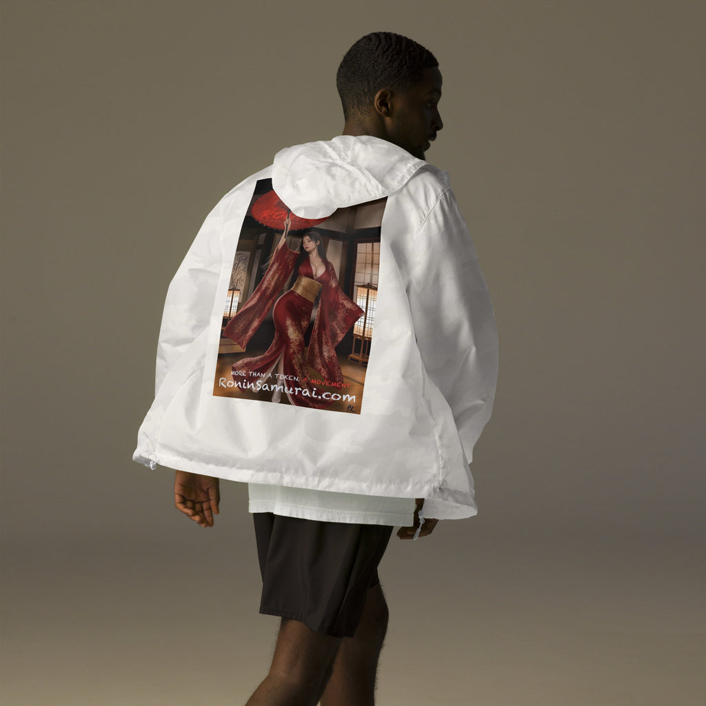 Red Parasol Ronin Windbreaker, white camo back: back print of a woman in a red kimono holding a red parasol in a shoji room