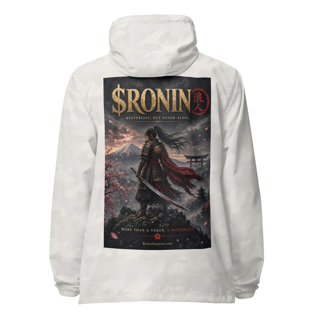 Torii Ridge Ronin Windbreaker, white camo back: back print of a caped female samurai on a ridge facing Fuji and a torii under gold $RONIN