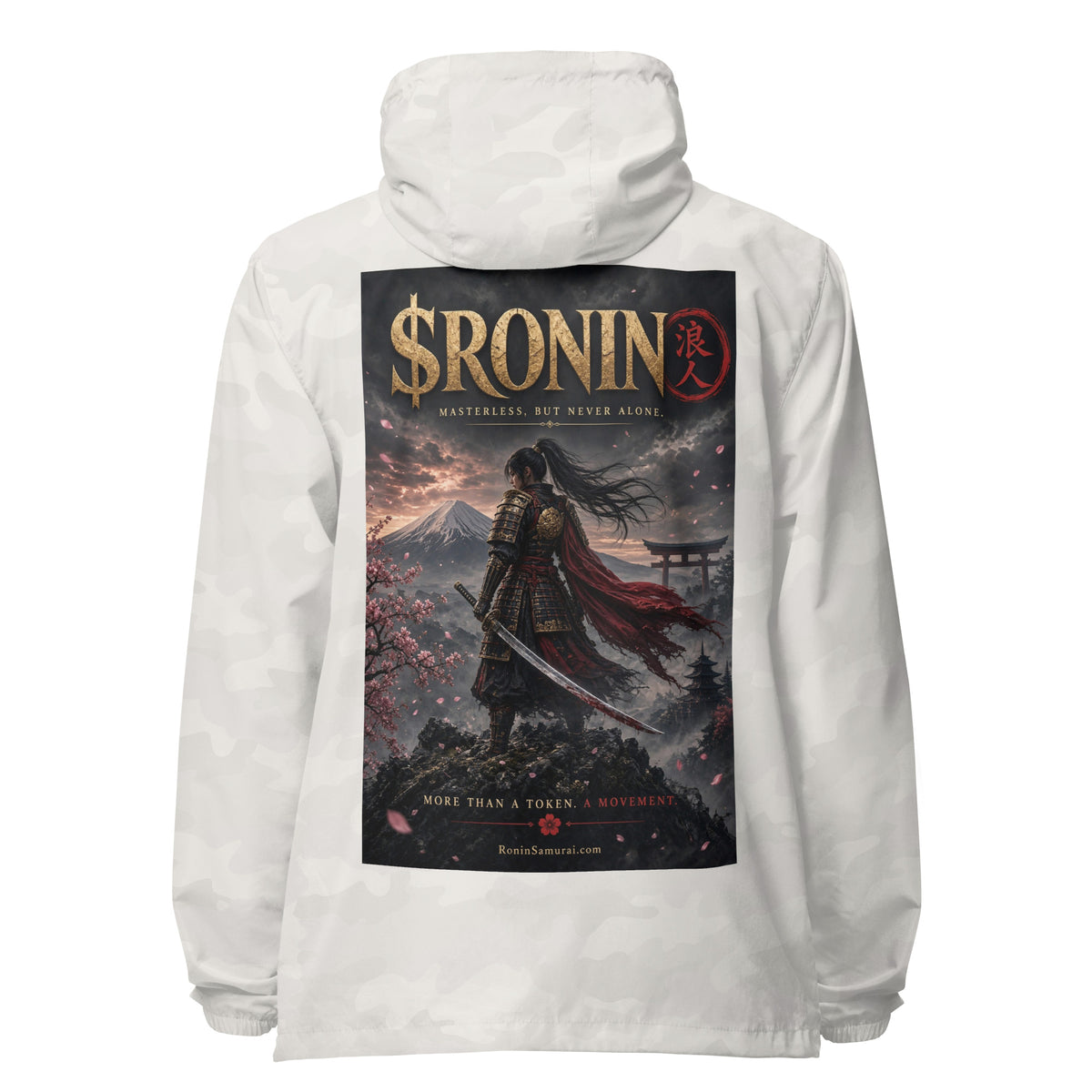 Torii Ridge Ronin Windbreaker, white camo back: back print of a caped female samurai on a ridge facing Fuji and a torii under gold $RONIN