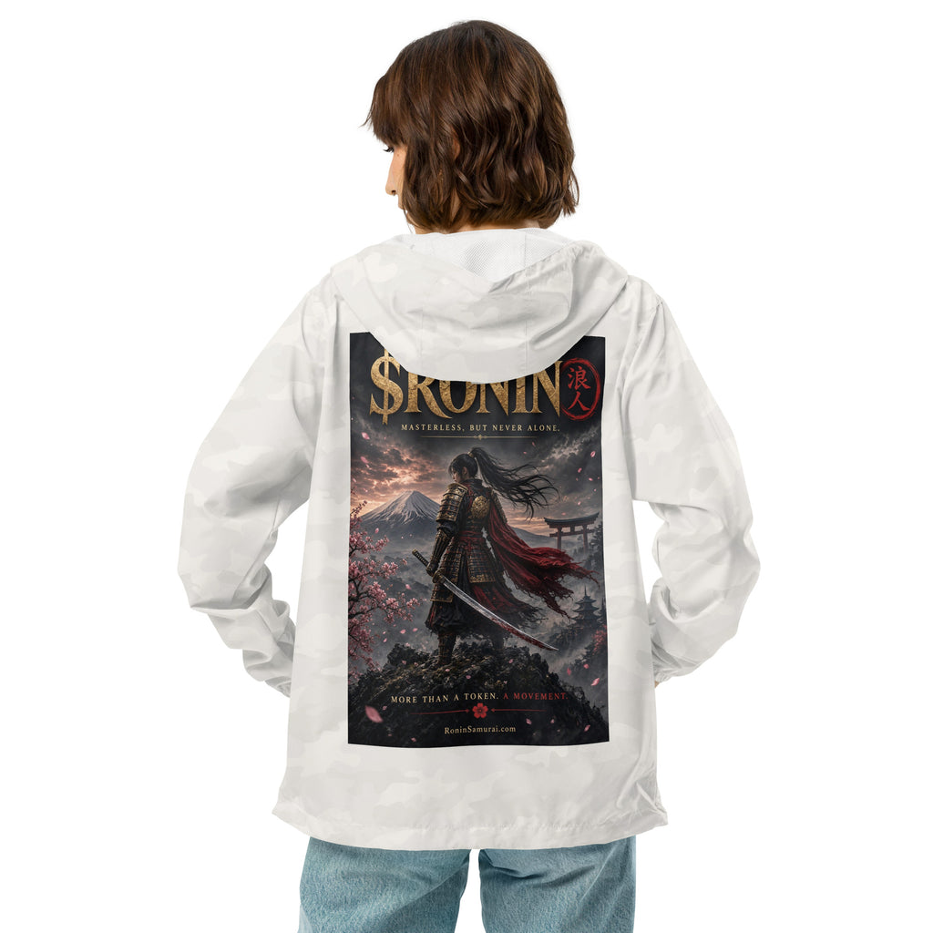 Torii Ridge Ronin Windbreaker, white camo back: back print of a caped female samurai on a ridge facing Fuji and a torii under gold $RONIN