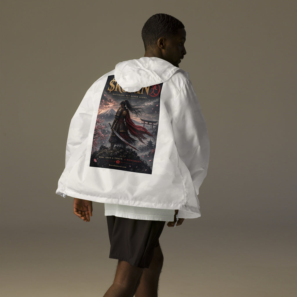 Torii Ridge Ronin Windbreaker, white camo back: back print of a caped female samurai on a ridge facing Fuji and a torii under gold $RONIN