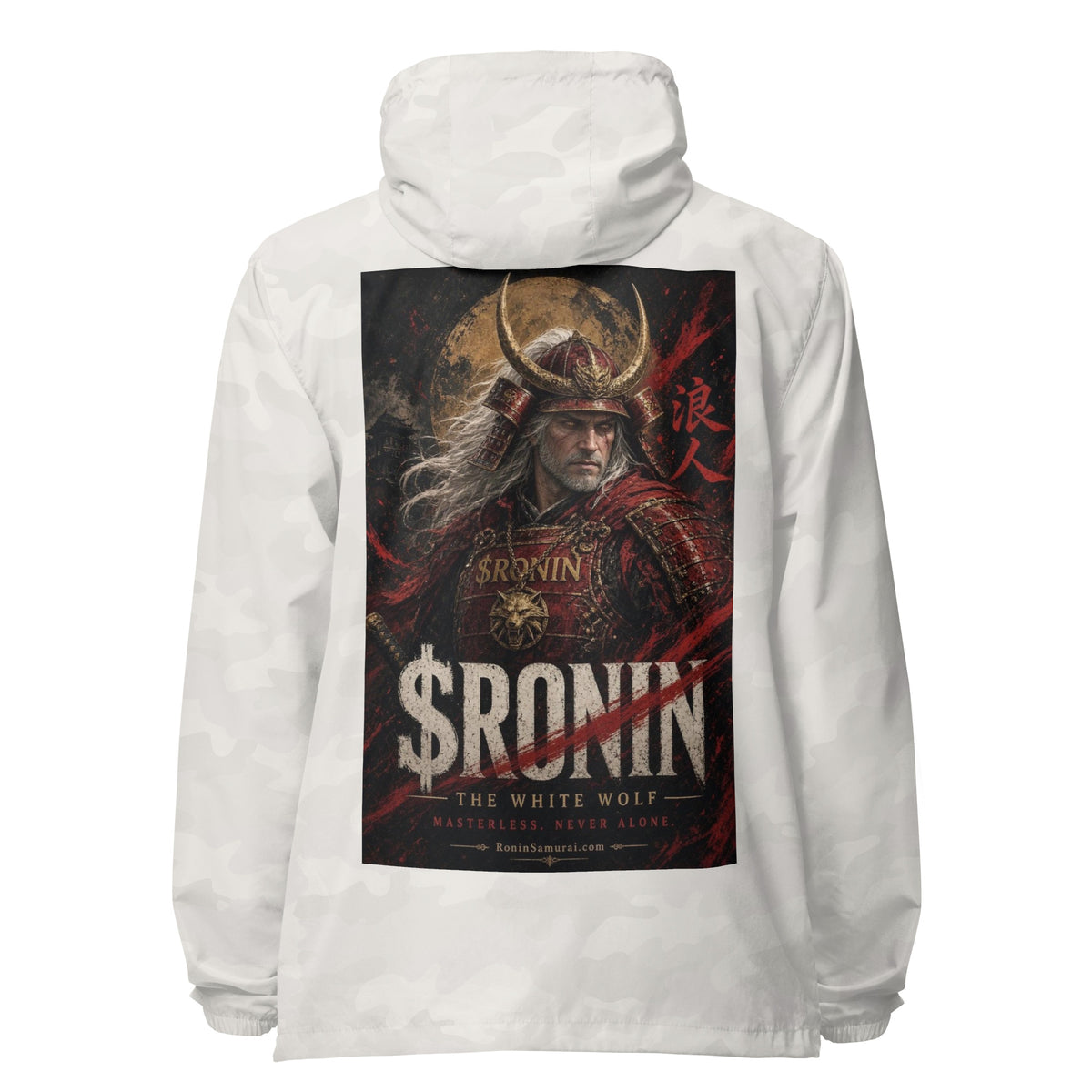 Silver-Haired Ronin Windbreaker, white camo back: back print of a silver-haired, scarred warrior in crimson armor and gold-horned kabuto under a bold $RONIN title