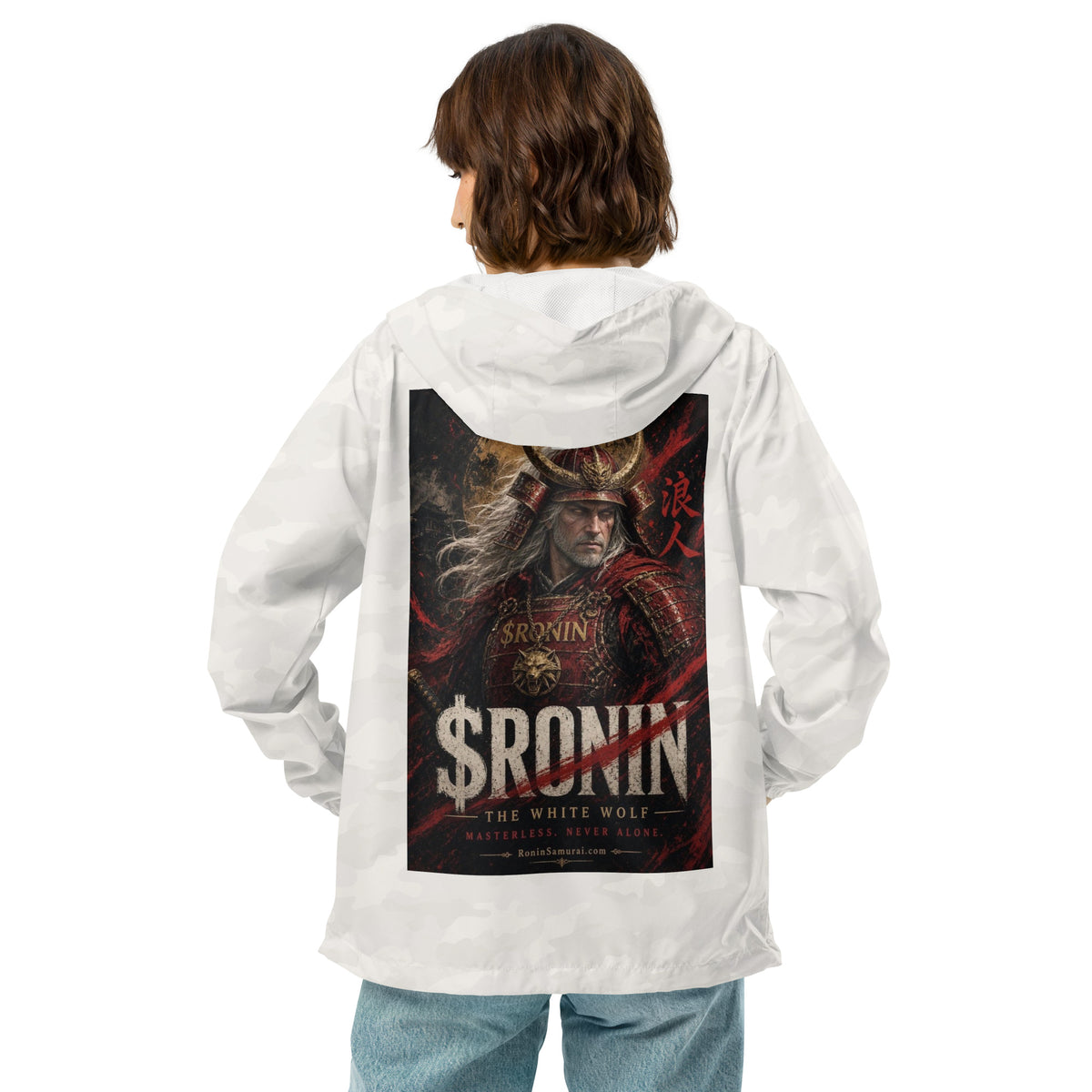 Silver-Haired Ronin Windbreaker, white camo back: back print of a silver-haired, scarred warrior in crimson armor and gold-horned kabuto under a bold $RONIN title