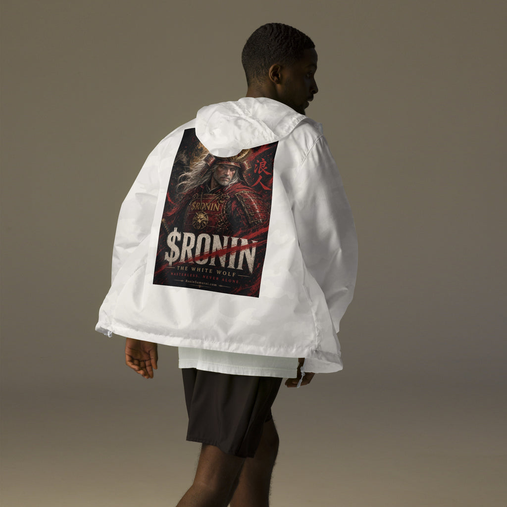Silver-Haired Ronin Windbreaker, white camo back: back print of a silver-haired, scarred warrior in crimson armor and gold-horned kabuto under a bold $RONIN title