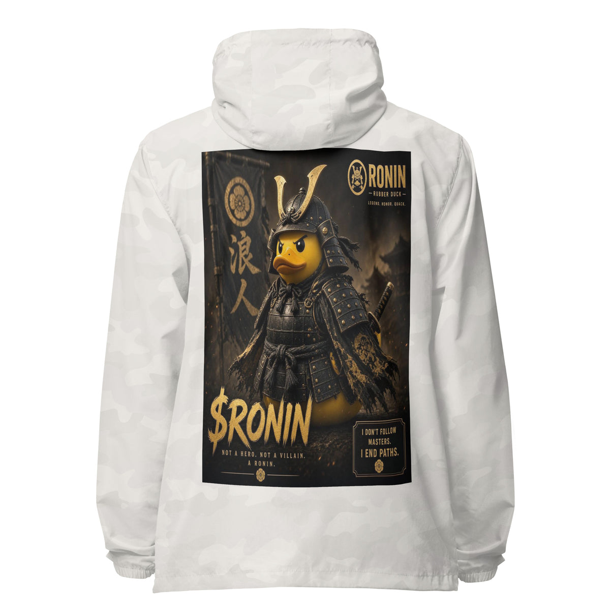 Samurai Rubber Duck Windbreaker, white camo back: back print of a yellow rubber duck in black-and-gold samurai armor, gold $RONIN
