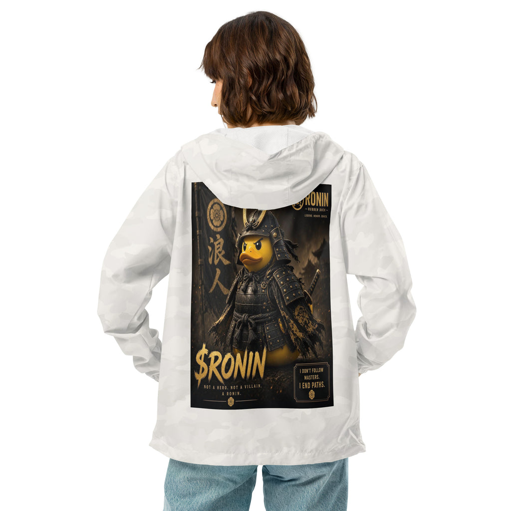 Samurai Rubber Duck Windbreaker, white camo back: back print of a yellow rubber duck in black-and-gold samurai armor, gold $RONIN