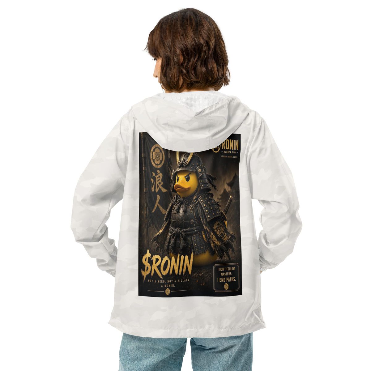 Samurai Rubber Duck Windbreaker, white camo back: back print of a yellow rubber duck in black-and-gold samurai armor, gold $RONIN