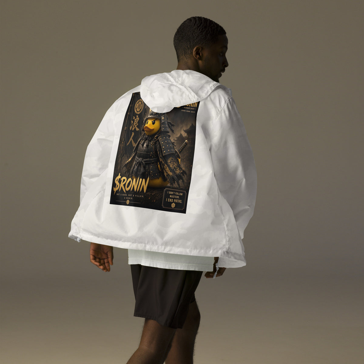 Samurai Rubber Duck Windbreaker, white camo back: back print of a yellow rubber duck in black-and-gold samurai armor, gold $RONIN