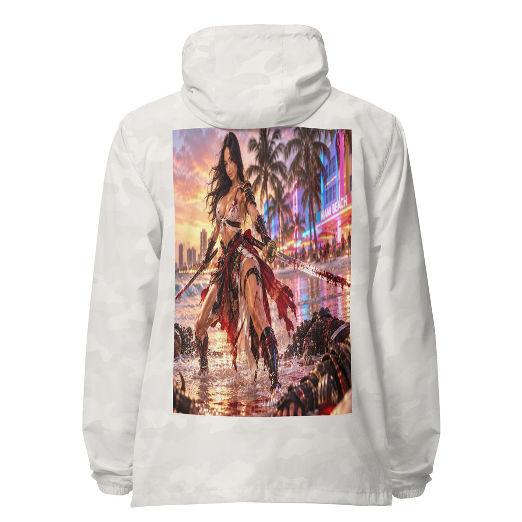 Miami Beach Ronin Windbreaker, white camo back: back print of a dual-katana warrior in the surf before a neon Miami Beach skyline