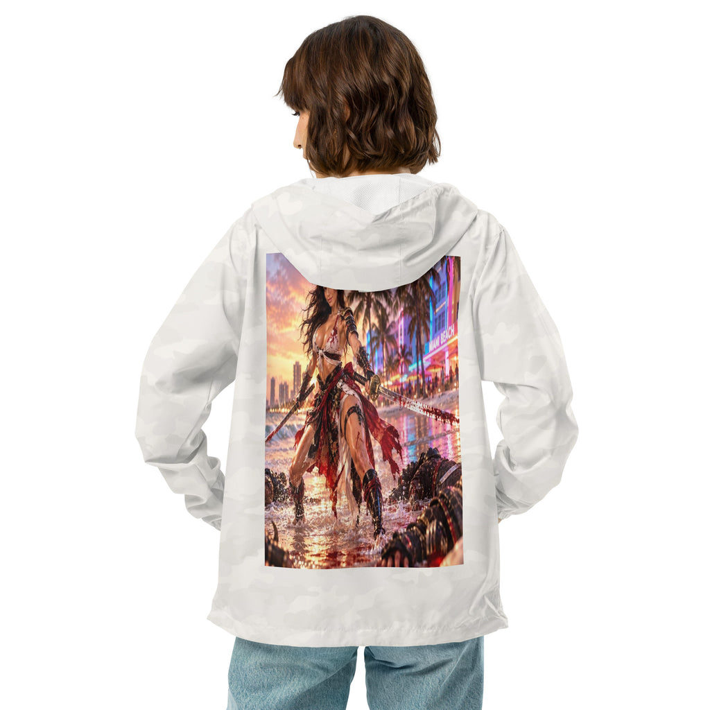 Miami Beach Ronin Windbreaker, white camo back: back print of a dual-katana warrior in the surf before a neon Miami Beach skyline