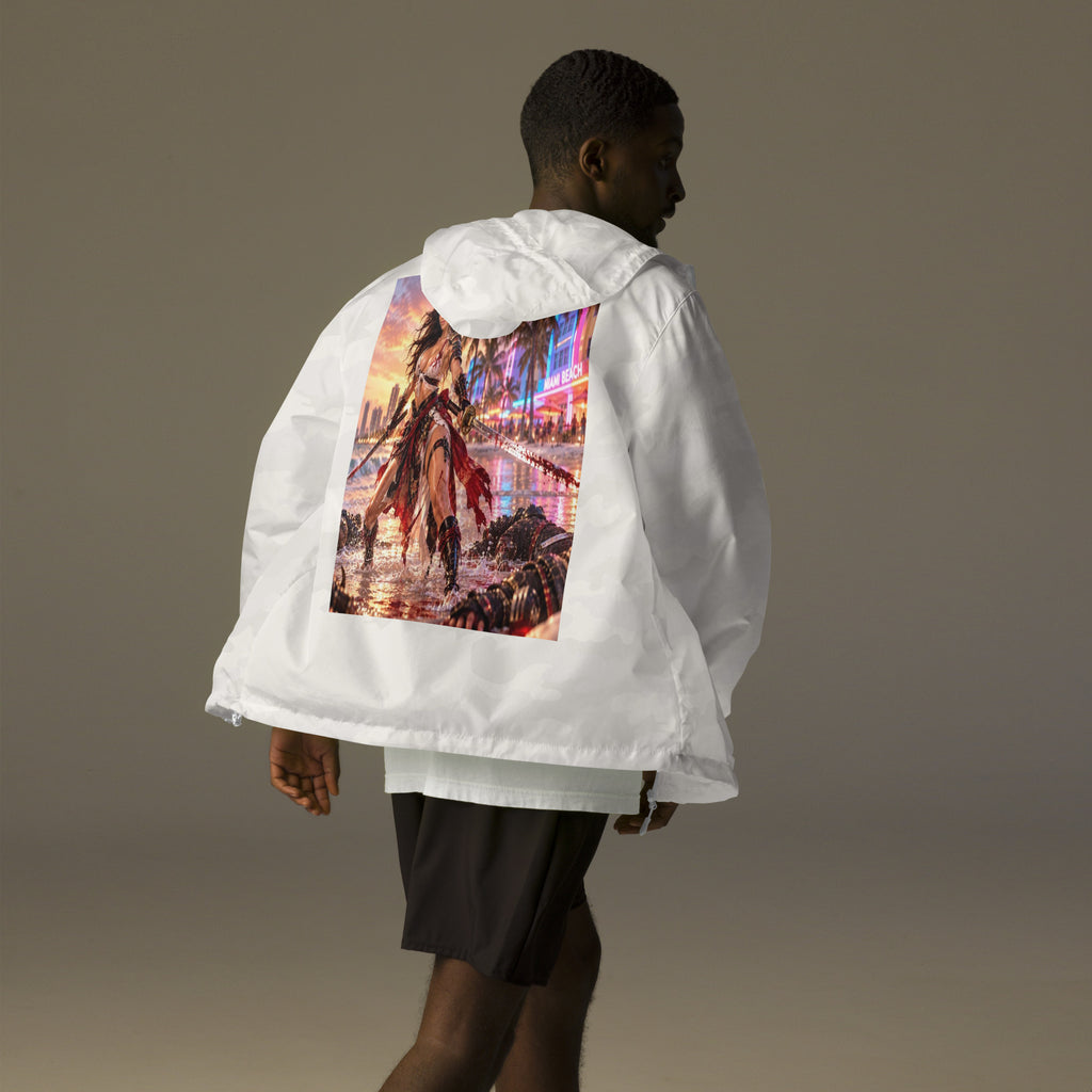Miami Beach Ronin Windbreaker, white camo back: back print of a dual-katana warrior in the surf before a neon Miami Beach skyline