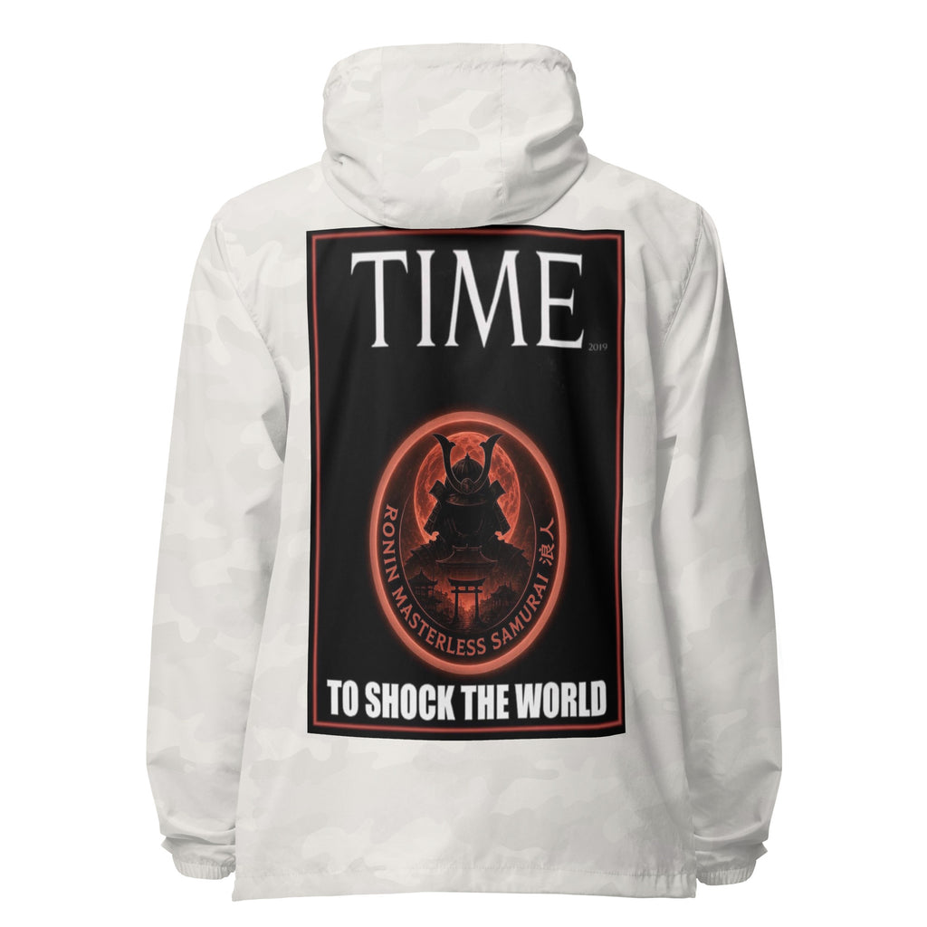 Ronin Cover Story Windbreaker, white camo back: back print of a red-framed cover-style poster with the round RONIN samurai seal and TO SHOCK THE WORLD