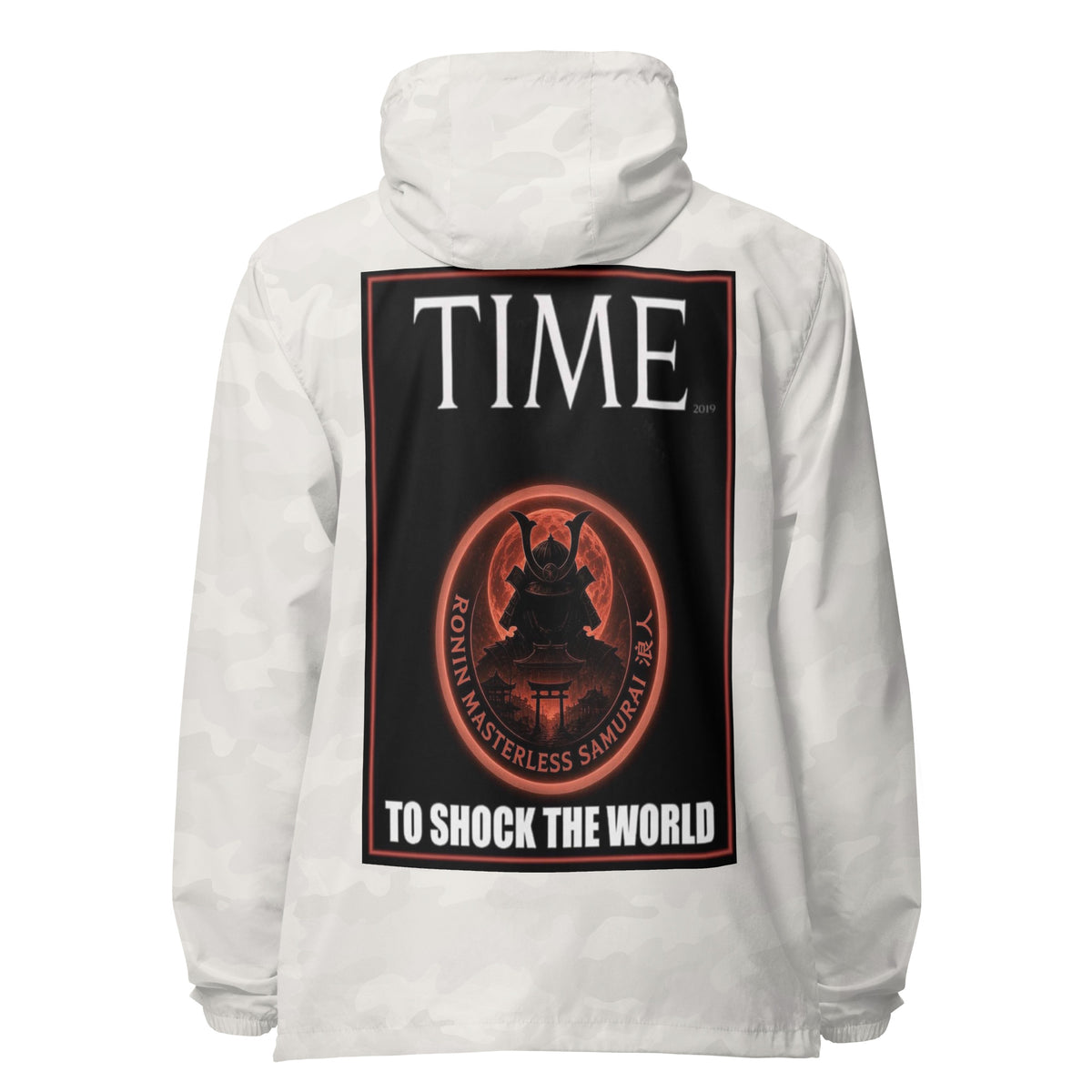 Ronin Cover Story Windbreaker, white camo back: back print of a red-framed cover-style poster with the round RONIN samurai seal and TO SHOCK THE WORLD