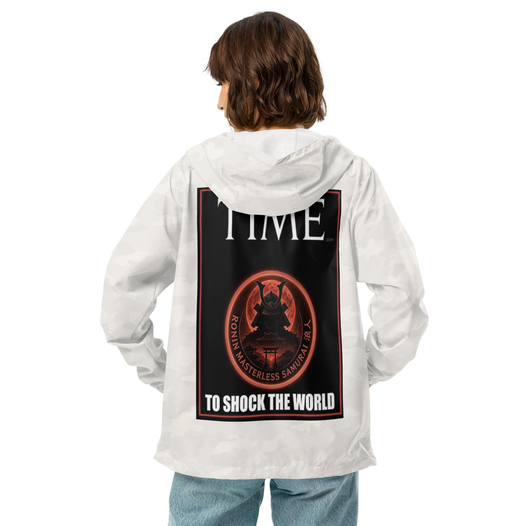 Ronin Cover Story Windbreaker, white camo back: back print of a red-framed cover-style poster with the round RONIN samurai seal and TO SHOCK THE WORLD