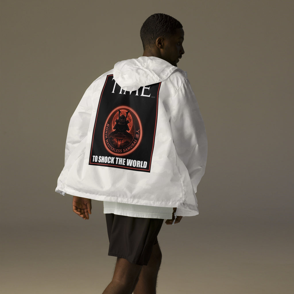 Ronin Cover Story Windbreaker, white camo back: back print of a red-framed cover-style poster with the round RONIN samurai seal and TO SHOCK THE WORLD