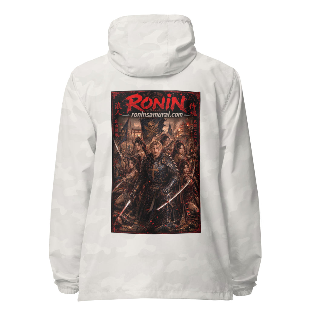 Ronin Warband Windbreaker, white camo back: back print of an armored warband on a burning battlefield under a red RONIN title