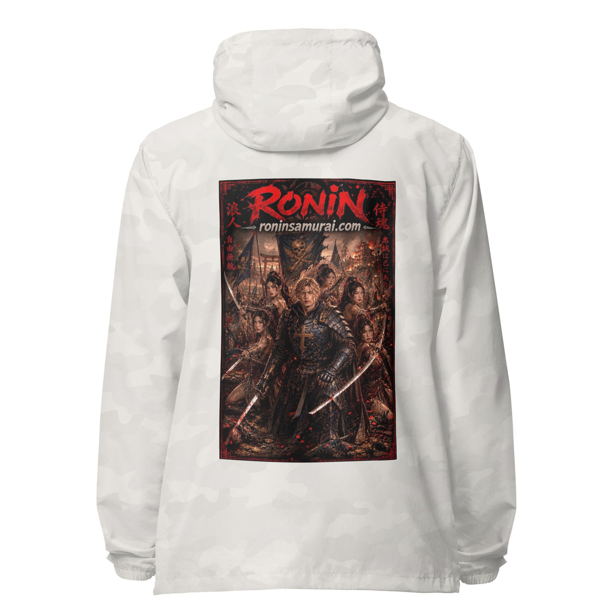 Ronin Warband Windbreaker, white camo back: back print of an armored warband on a burning battlefield under a red RONIN title