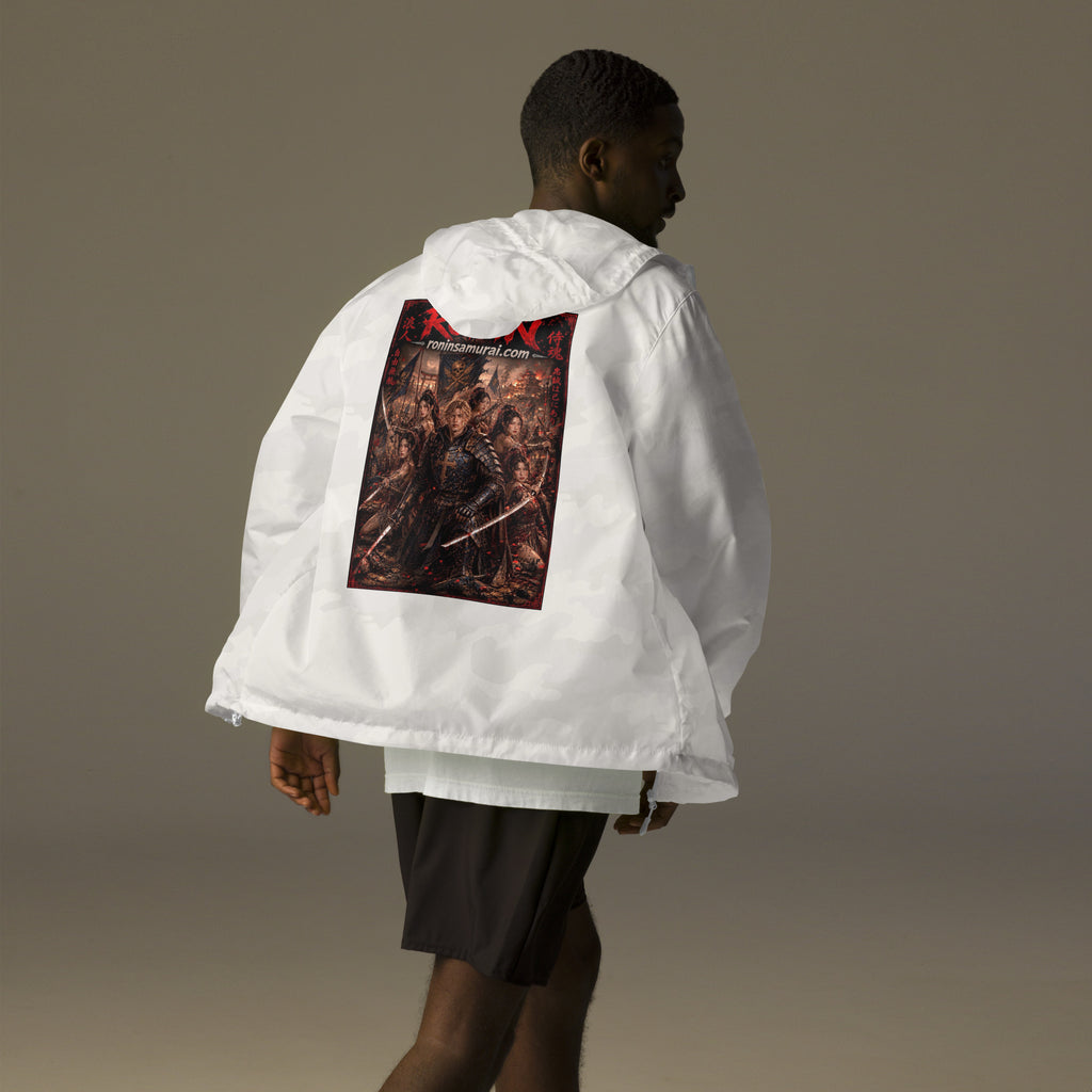 Ronin Warband Windbreaker, white camo back: back print of an armored warband on a burning battlefield under a red RONIN title