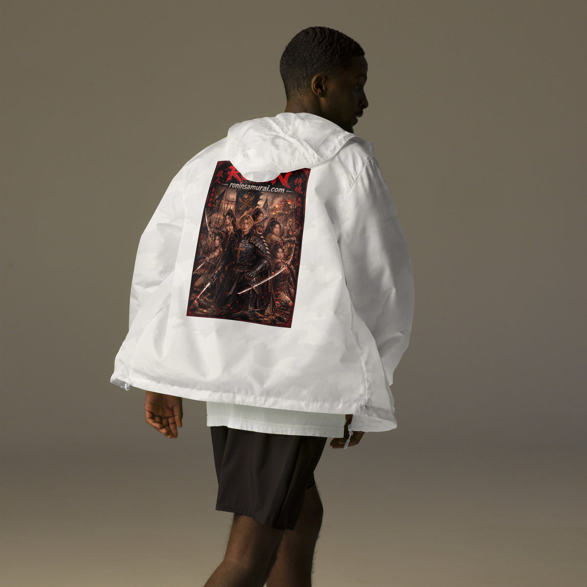 Ronin Warband Windbreaker, white camo back: back print of an armored warband on a burning battlefield under a red RONIN title