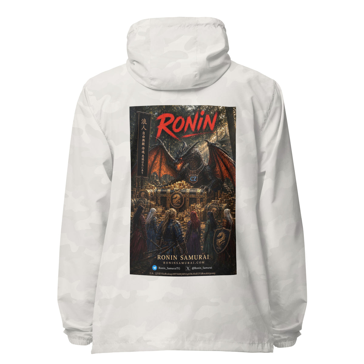 Golden Dragon Ronin Windbreaker, white camo back: back print of a dark dragon on a golden hoard facing armored warriors, red RONIN