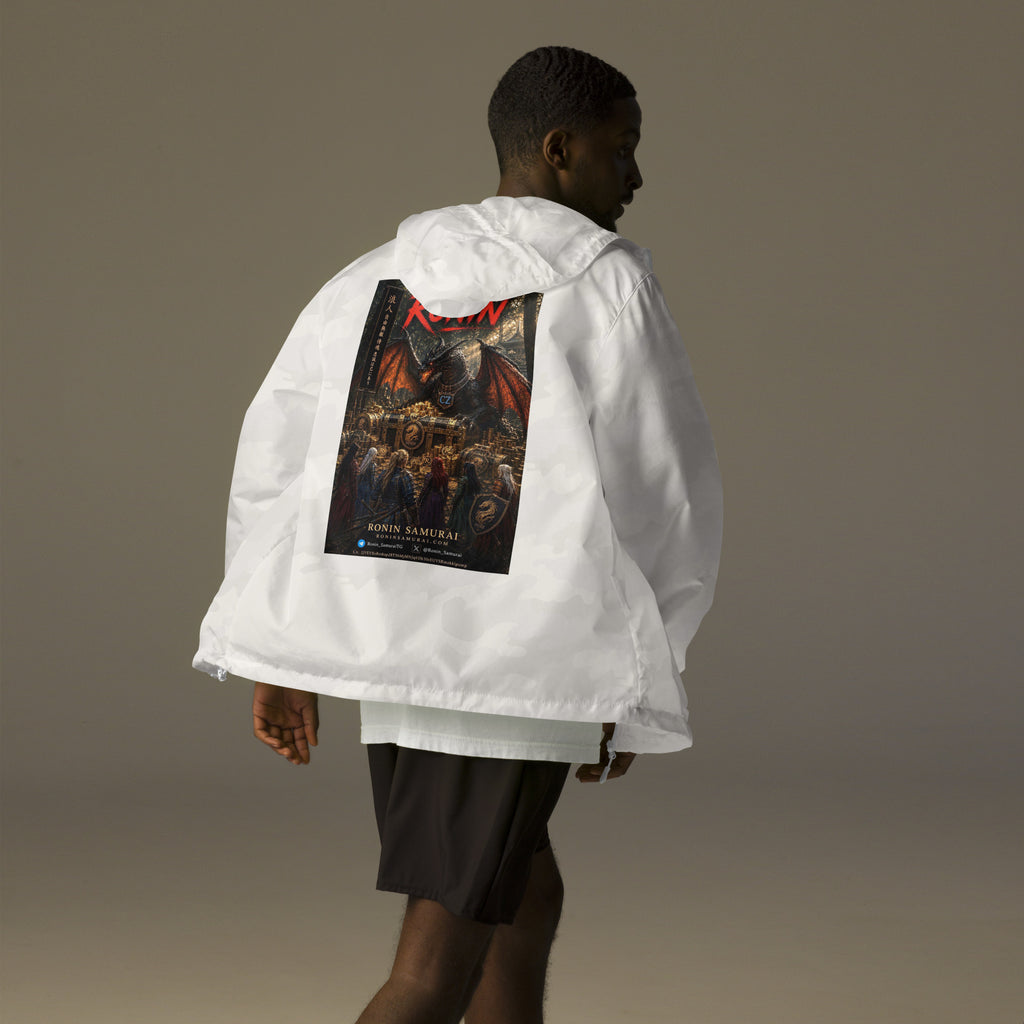 Golden Dragon Ronin Windbreaker, white camo back: back print of a dark dragon on a golden hoard facing armored warriors, red RONIN