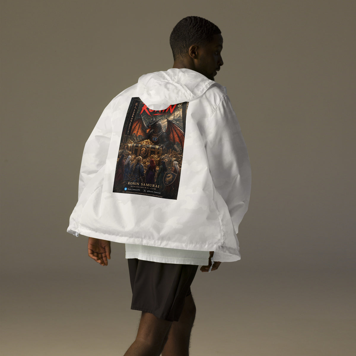 Golden Dragon Ronin Windbreaker, white camo back: back print of a dark dragon on a golden hoard facing armored warriors, red RONIN