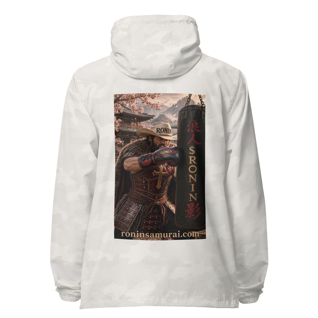 Heavy Bag Ronin Windbreaker, white camo back: back print of a cowboy-hat samurai boxer punching a heavy bag lettered 浪人 $RONIN