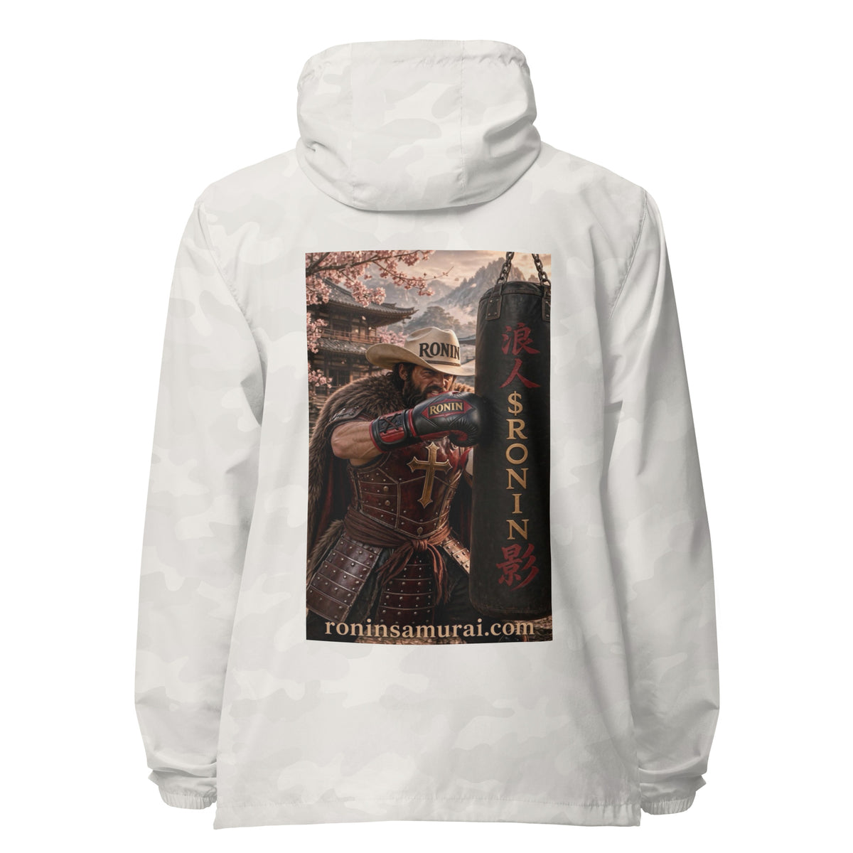 Heavy Bag Ronin Windbreaker, white camo back: back print of a cowboy-hat samurai boxer punching a heavy bag lettered 浪人 $RONIN