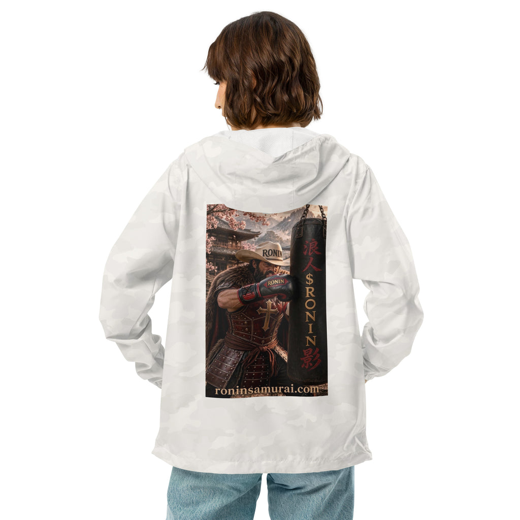 Heavy Bag Ronin Windbreaker, white camo back: back print of a cowboy-hat samurai boxer punching a heavy bag lettered 浪人 $RONIN