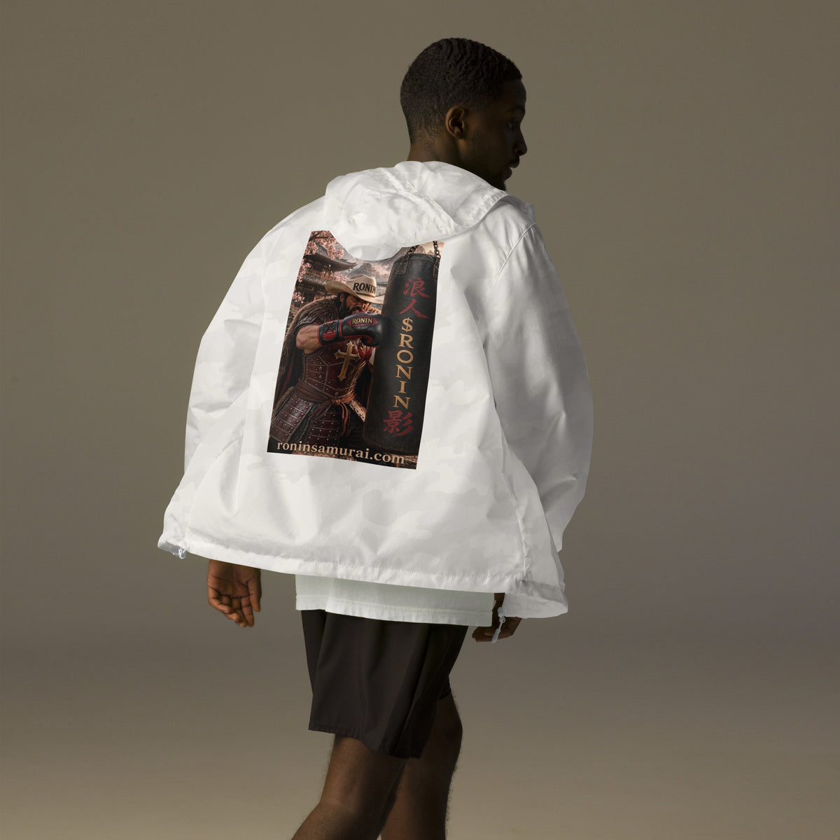 Heavy Bag Ronin Windbreaker, white camo back: back print of a cowboy-hat samurai boxer punching a heavy bag lettered 浪人 $RONIN
