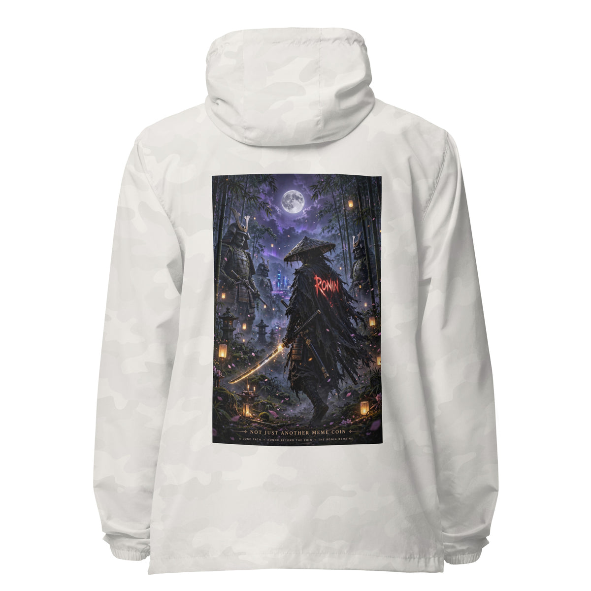 Bamboo Moon Ronin Windbreaker, white camo back: back print of a straw-hat ronin with a glowing katana in a moonlit lantern bamboo grove
