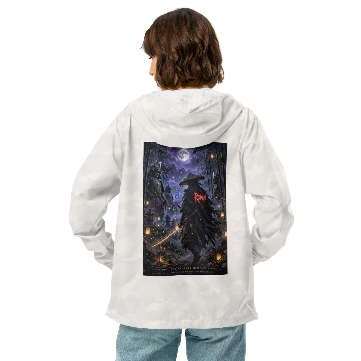 Bamboo Moon Ronin Windbreaker, white camo back: back print of a straw-hat ronin with a glowing katana in a moonlit lantern bamboo grove