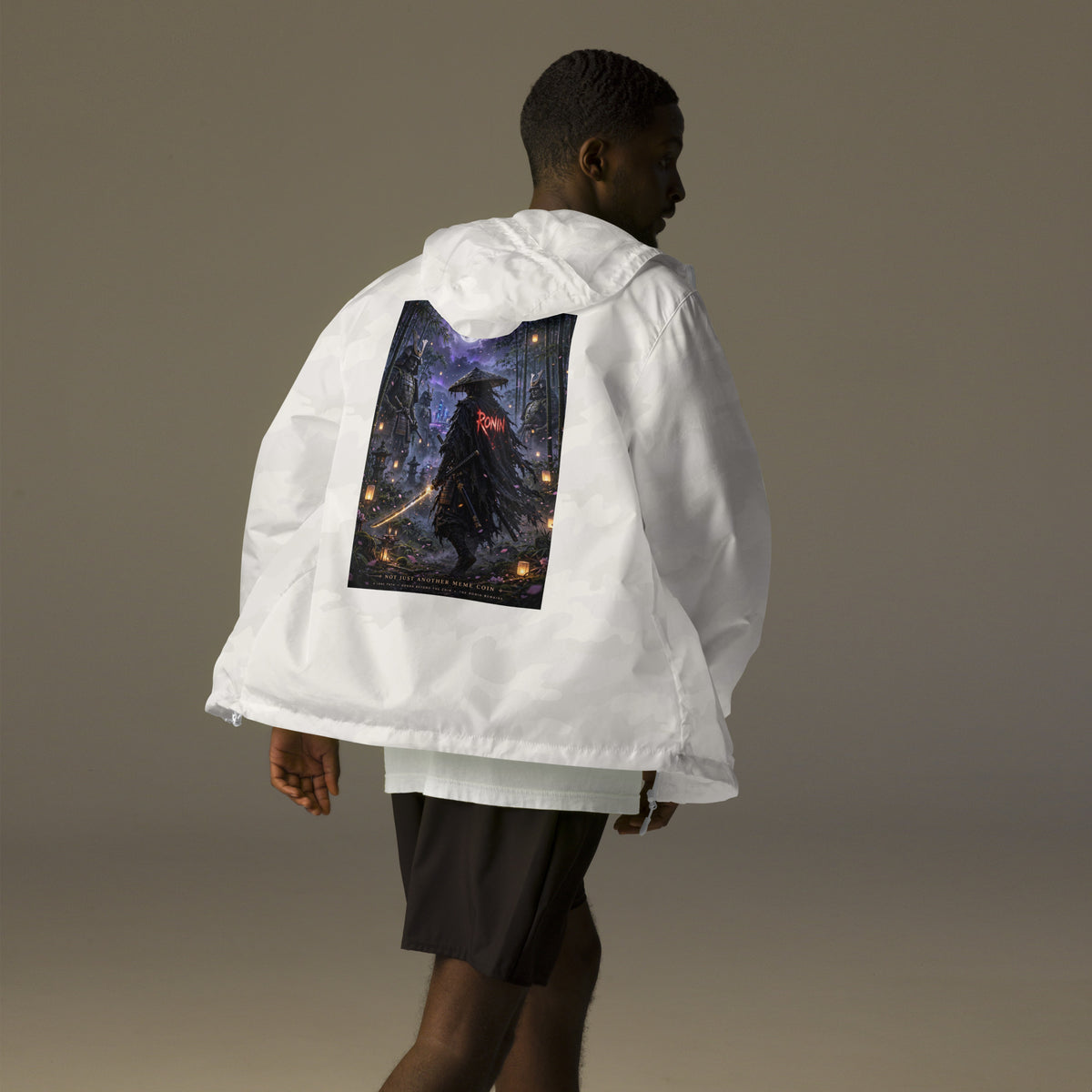 Bamboo Moon Ronin Windbreaker, white camo back: back print of a straw-hat ronin with a glowing katana in a moonlit lantern bamboo grove