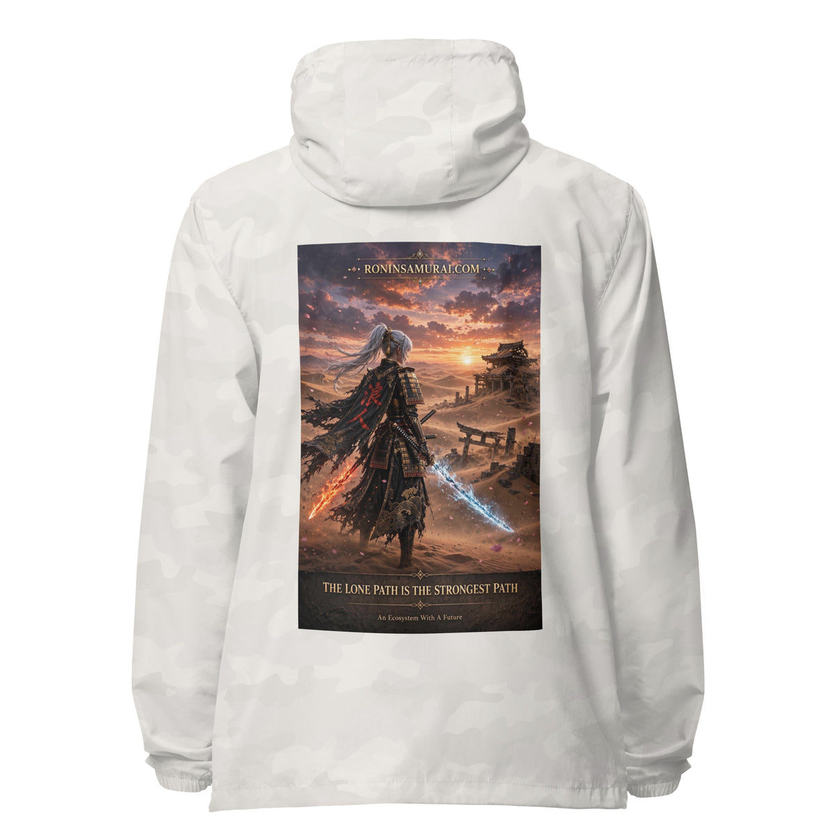 Lone Path Ronin Windbreaker, white camo back: back print of a white-haired samurai with fire and ice blades in a sunset desert
