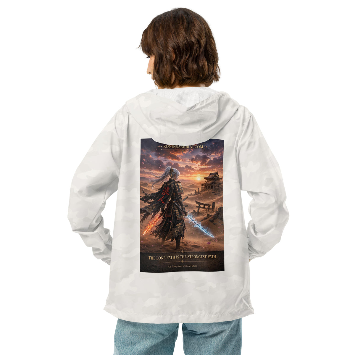 Lone Path Ronin Windbreaker, white camo back: back print of a white-haired samurai with fire and ice blades in a sunset desert