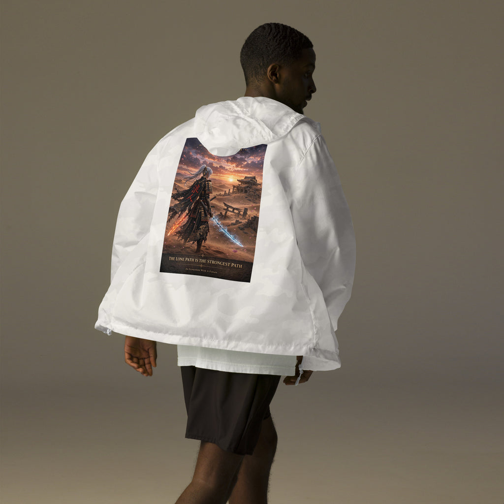 Lone Path Ronin Windbreaker, white camo back: back print of a white-haired samurai with fire and ice blades in a sunset desert